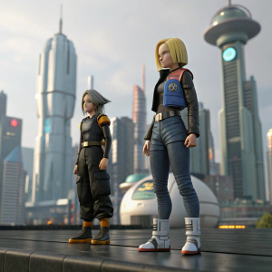 Highly detailed 3D models of Android 17 and Android 18 from Dragon Ball Super series. Set against a futuristic urban landscape. Android 17 with blonde hair and casual-combat outfit. Android 18 in dark attire. Both figures standing prominently on a sleek, metallic surface.