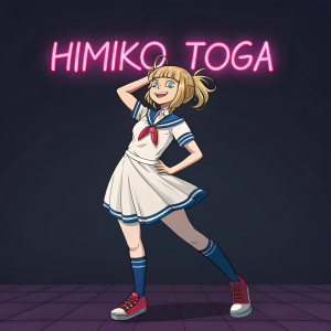Himiko Toga from My Hero Academia, a young girl with blonde hair, in a digital illustration. She's wearing a white dress with blue accents, standing confidently in a playful pose. The background is dark, with neon pink text