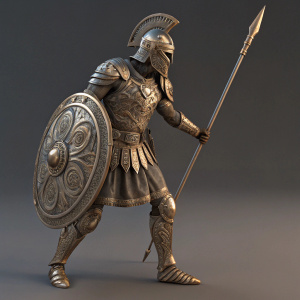 3D digital art of a gladiator figure. Standing pose, detailed armor and weaponry