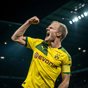 Sebastian Rode, in vibrant yellow and green soccer jersey, flexing muscles with fierce expression. Dark stadium background