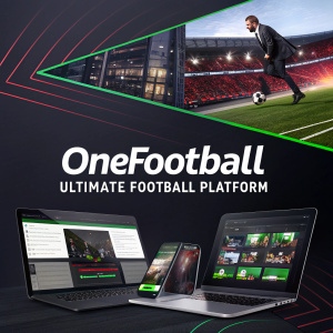 Website homepage for OneFootball. Dark theme with vibrant accents. Features smartphones, laptops, and office settings. Modern, grid-based layout with bold text stating it's the ultimate football platform. Contemporary, sports-focused design.