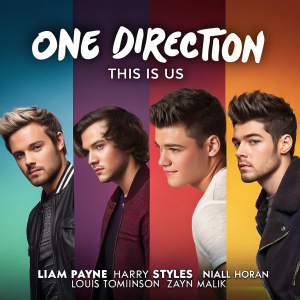 Promotional poster for 'One Direction: This Is Us'. Liam Payne, Harry Styles, Niall Horan, Louis Tomlinson, and Zayn Malik in dynamic poses against gradient backgrounds.