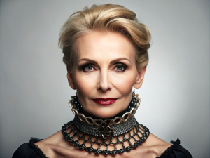 elegant 55 yo wealthy slim lady with arrogant smile, very bold makeup wearing a snug antique wrought iron slave collar with front closure. side view. looking at camera. white background