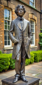 statue of Lewis Carroll with a Victorian photo camera in his hand