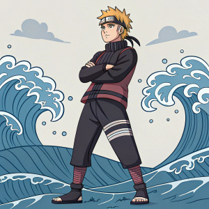 Digital illustration of Chojiro from Naruto. Character stands in determined pose. Wearing dark striped outfit. Stylized wave background. Bold lines and vibrant colors.