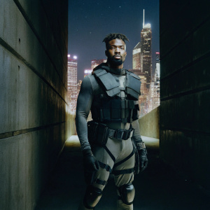 A hyper-realistic 3D render of Erik Killmonger in a futuristic setting, wearing an advanced tactical armor. Cyberpunk cityscape background