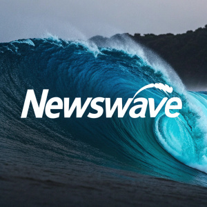 A sleek logo for NewsWave, featuring vibrant blue waves intertwining with white letters spelling out the brand name on a black background, with modern font style and minimalist design.