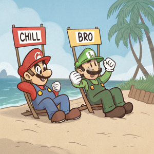 Mario and Luigi relaxing on a beach, holding signs that say 'chill bro'