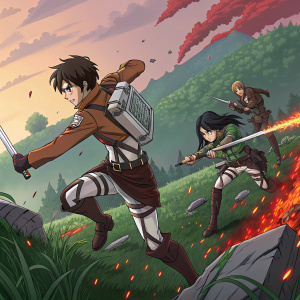 Action-packed scene from Attack on Titan. Eren, Mikasa, and Levi in dynamic poses amidst chaos. Vibrant colors, green landscapes, and fiery reds dominate the background.