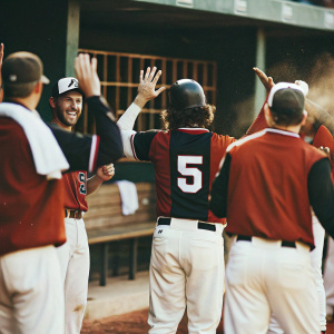 Freddie Freeman celebrating with teammates. Wearing Atlanta Braves jersey number 5. Red and black uniform. Dugout and baseball field signs visible in background.