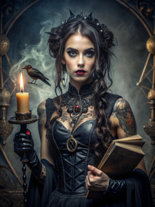 very scary photo of 18 years old evil eladrin necromancer, ritual tattoo,black silk clothes,bleeding,wiccan,gothic,crow,dark fantasy,nose piercing,lips piercing,magic device,magic grimoire,ritual staff,pentagram,blood sacrifice,skulls,very long black braid hair,beautiful black eyes,black lipstick, inspiration from photo of Actress Chloe Bennet,soft skin,messy hair monet range murata artgerm,highly detailed intricately sharp focus,full body photography, extremely realistic and hyper detailed, 
