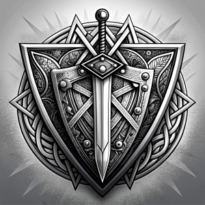 nordic sword and shield geometric symbols -  tattoo design - perfect realistic art - high-definition - grey and black - white background 