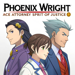 Promotional poster for Phoenix Wright: Ace Attorney - Spirit of Justice. Group of characters, each with unique appearance and clothing style. Against minimalistic background.
