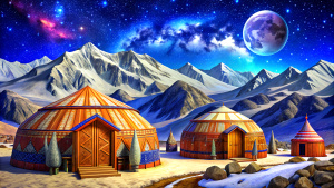 winter Buryatia nature yurts Buddhist palace datsan cosmic sky and Crescent Moon