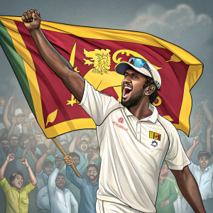 Angelo Mathews, captain of Sri Lanka cricket team, celebrates a victory. Wearing white jersey and cap, he waves Sri Lankan flag. Crowd cheering in background.