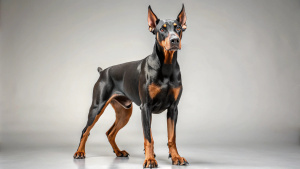 Full body photo of a Doberman dog with a confused expression