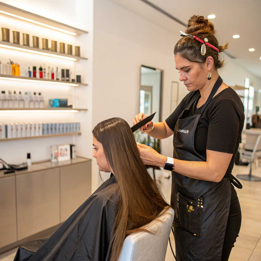 A stylist applying tape-in extensions on a client