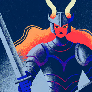 Digital illustration of a mythical female warrior. Purple metallic armor, blonde hair, horns, weapon in hand. Dark background