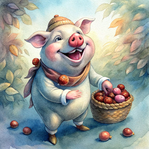 cheerful caricature of a fat pig collecting acorns, white background