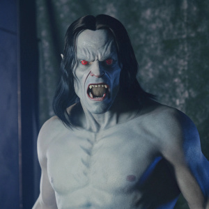 Morbius-inspired character, muscular and pale, with fierce expression. Red eyes, sharp features, long dark hair. Dark background, intense facial expression.