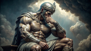 statue stoic sitting thinking very muscular with armor