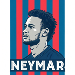 Stylized digital portrait of Neymar. Vibrant colors, red and blue vertical stripes, facial features outlined in black. Name 'Neymar' written in bold font below illustration.