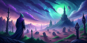 Necromancer character looks at a scary graveyard landscape