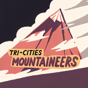 Retro style logo for Tri-Cities Mountaineers. Bold, energetic design in red and white colors, featuring mountain silhouette.