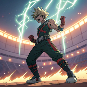 Katsuki Bakugou, from My Hero Academia, standing in a fierce fighting pose. Brightly lit indoor arena backdrop