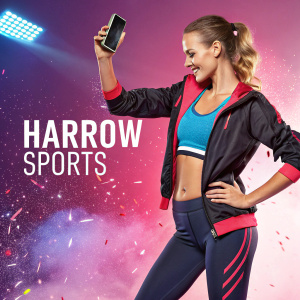 Model posing confidently with a smartphone in hand. Displaying special discount code for Harrow Sports event. Sporty attire, vibrant background
