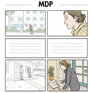 Digital storyboard template for TV series 'MdP' using Toon Boom Storyboard Pro. Simple, hand-drawn sketches.
