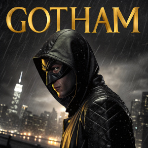 Promotional poster for Gotham TV series. Masked character in foreground, with 'Gotham' logo and show schedule in bold letters. Black and gold color scheme.