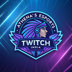 Futuristic digital art showcasing the Twitch India Athena's Esports team logo. Vibrant blend of blue and purple hues. Prominent display of team name and Twitch India branding.
