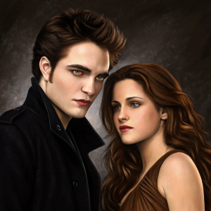 Digital art featuring Edward Cullen and Bella Swan from Twilight. Edward, dark hair, intense gaze, black jacket. Bella, long brown hair, gentle expression, brown dress. The backdrop is dark and textured, emphasizing facial features and lighting effects.