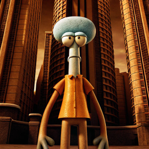 3D render of Squidward Tentacles in a hyper-realistic style. Orange shirt, tired expression, light blue sponge-like head, long slender body, multiple tentacle-like appendages, standing in a futuristic cityscape.
