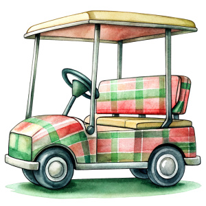 plaid patterned golf cart white background clipart