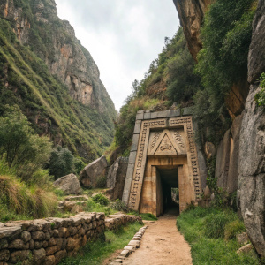 Stone archway entrance of the Q'enqo cave, located in the mountains of Cusco, Peru.