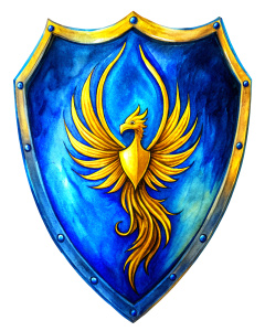 blue knight shield with a golden phoenix drawn, white background