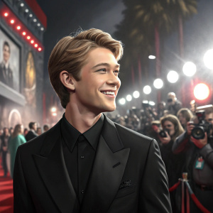 Joe Alwyn, at a Hollywood premiere. Wearing black suit, smiling. Bright lights and paparazzi in background