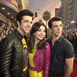Josh Peck, Miranda Cosgrove, and Drake Bell at the opening night of a blockbuster movie. Josh in leather jacket, Miranda in bright pink and yellow layered top, Drake in dark shirt. Crowded street filled with fans and paparazzi in background.