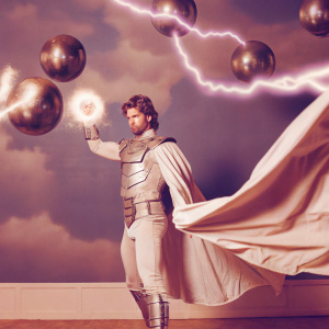 Magneto, from the X-Men series, in a dynamic pose. Dark, stormy backdrop with lightning and floating metallic spheres. Wearing armored outfit with cape.