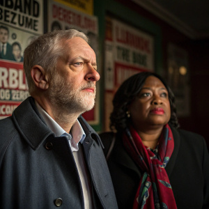 Jeremy Corbyn, a Caucasian male with a prominent beard, and Diane Abbott, a woman of color, both displaying serious expressions, are standing in a dimly lit room with political posters in the background.