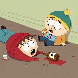 South Park style cartoon. Two characters sprawled on the floor, one with a spilled drink, another looking shocked.