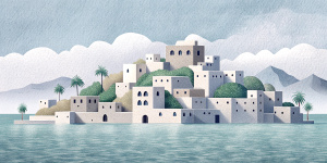 White illustration, Rene magritte style, isolated surrealistic collage of a lot of old Peruvian houses and trees on island, huge ocean and big sky, light pastel colors, asymmetrical composition, zoom out view, grainy texturing paper