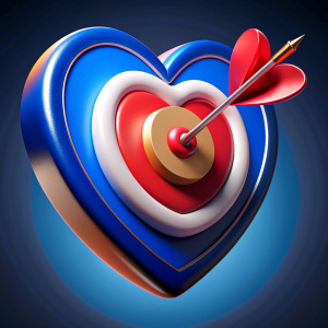 creates a heart-shaped target, red and blue, and two arrows in the center of the target, vibrant, illustration art, aesthetic style, centered, black background