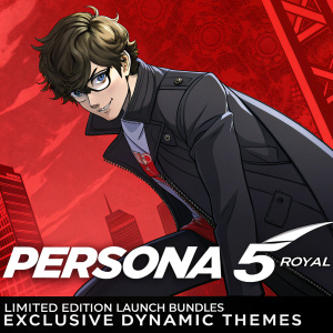 Promotional poster for PlayStation 4's 'Persona 5 Royal', featuring the game's main protagonist in a dramatic pose. The scene is set against a vibrant, bold red backdrop, highlighting the game's anime-inspired aesthetics and dynamic action. Includes a callout for limited edition launch bundles and exclusive dynamic themes.