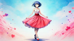 happy anime character wearing skirt with high heels