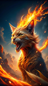 cat de fuego FURIOSO, atacando con fuego por la boca,  FONDO FANTASTICO