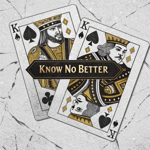 Meek Mill's album cover for 'Know No Better'. A digital art design featuring split playing cards with a grunge texture. The cards are detailed with monochromatic colors and gold accents. The title 'Know NO BETTER' is prominently displayed in the center.