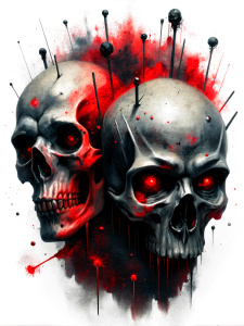 Black and red ink marks overlay images of human skulls and nails. on a white background